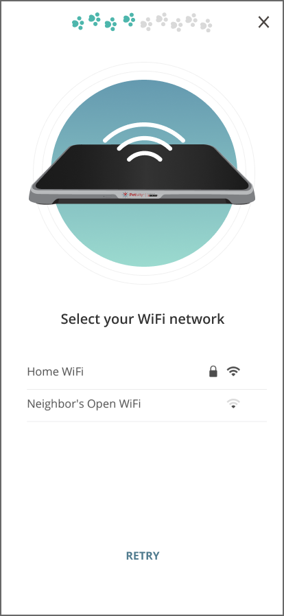 Image of monitor with wifi signal icon above list of wifi networks detected in the area. Text reads: Select your wifi network.