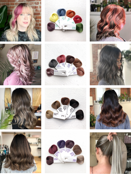 Photo grid showing custom colour conditioner results on varying hair tones