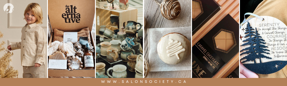 Salon Society Local Gift Guide Banner with images from Little Kinfolk, The Alternative, Aiden Amina, The Everyday Kitchen, Luxe Artisan Chocolates, and Sticks & Doodles