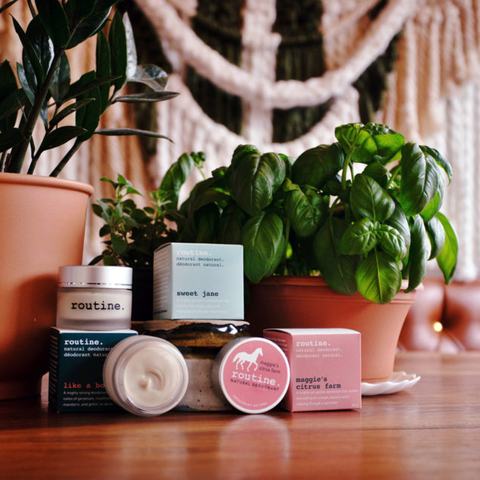 Routine Natural Deodorants on a wooden table with plants 