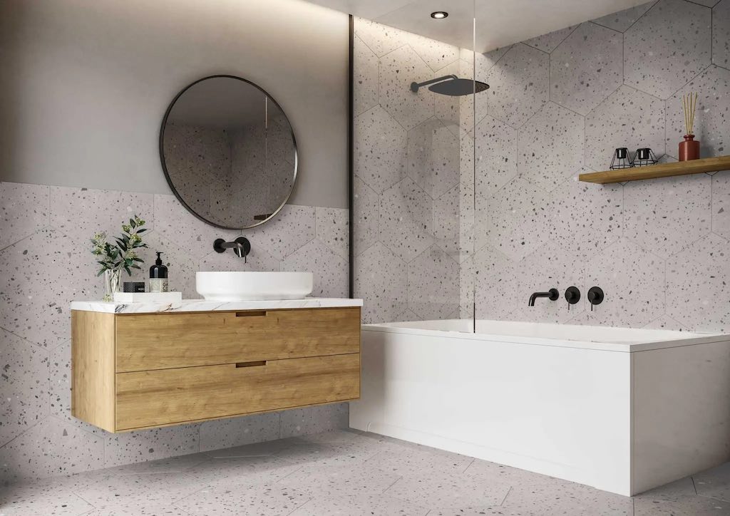 Using terrazzo tiles in a neutral bathroom