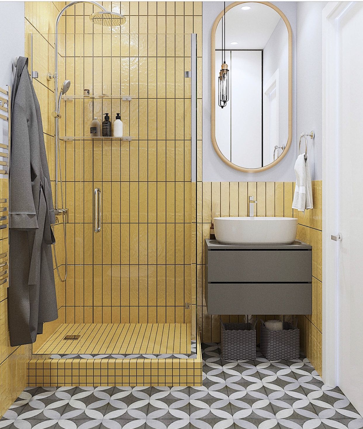 A yellow and monochrome pastel bathroom