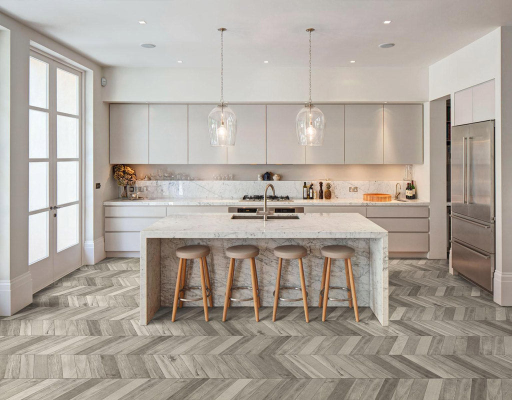 Contemporary grey chevron wood tiles in modern kitchen
