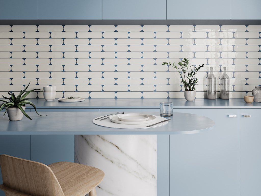 Curved White Wall Tiles in Blue Matt Kitchen