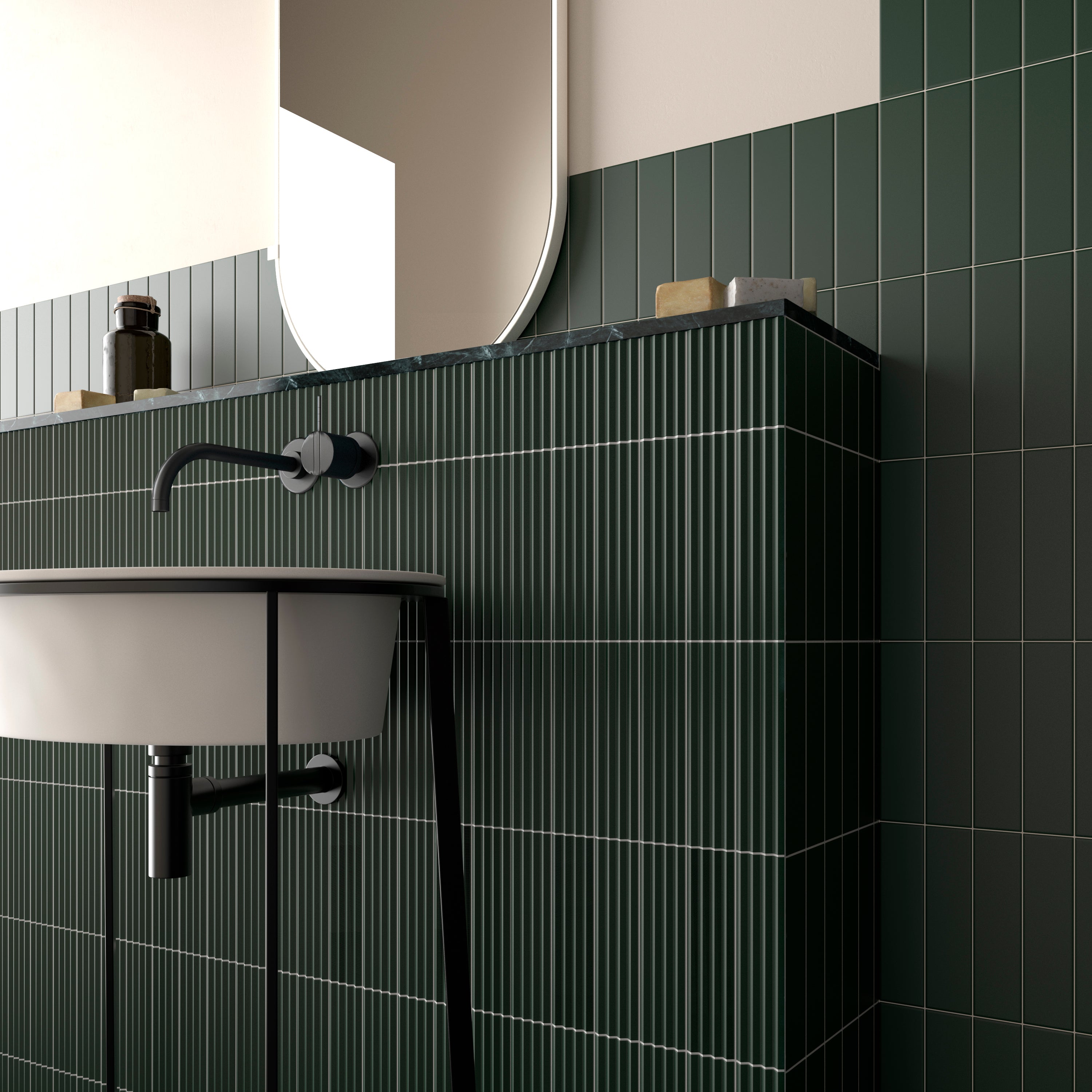 Fluted Green Wall Tiles Behind A Washbasin