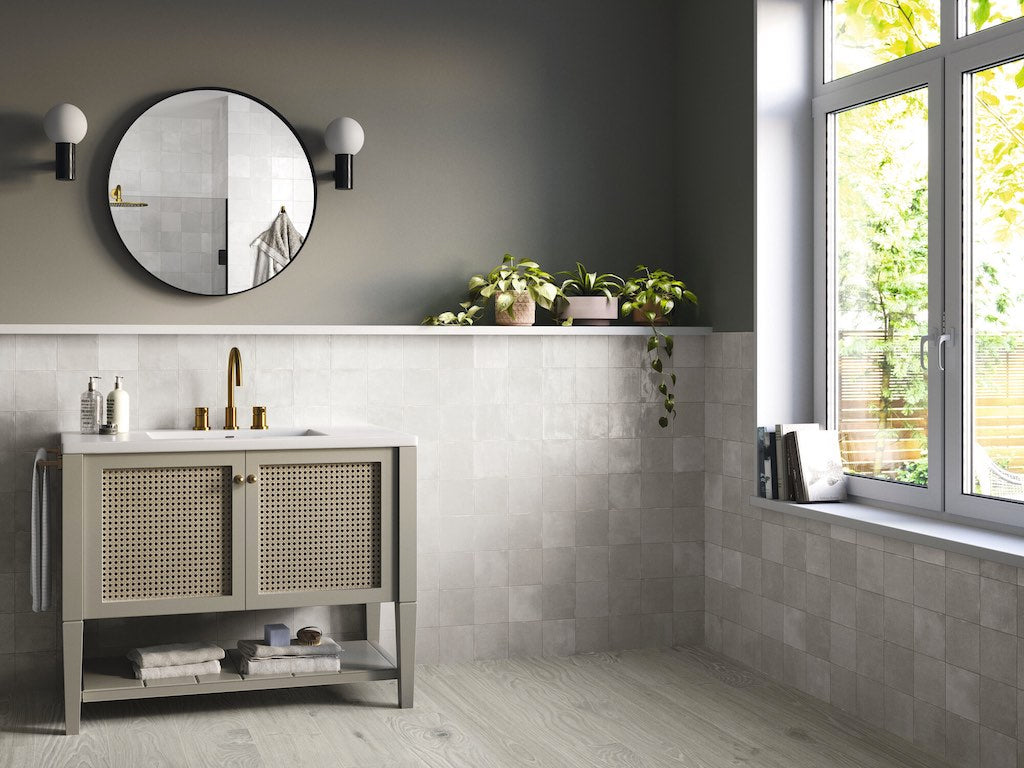 White zellige tiles in a modern grey bathroom