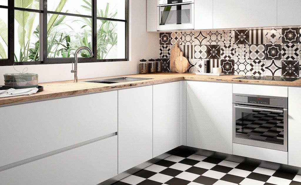 Monochrome Floor Tiles in Simple Kitchen