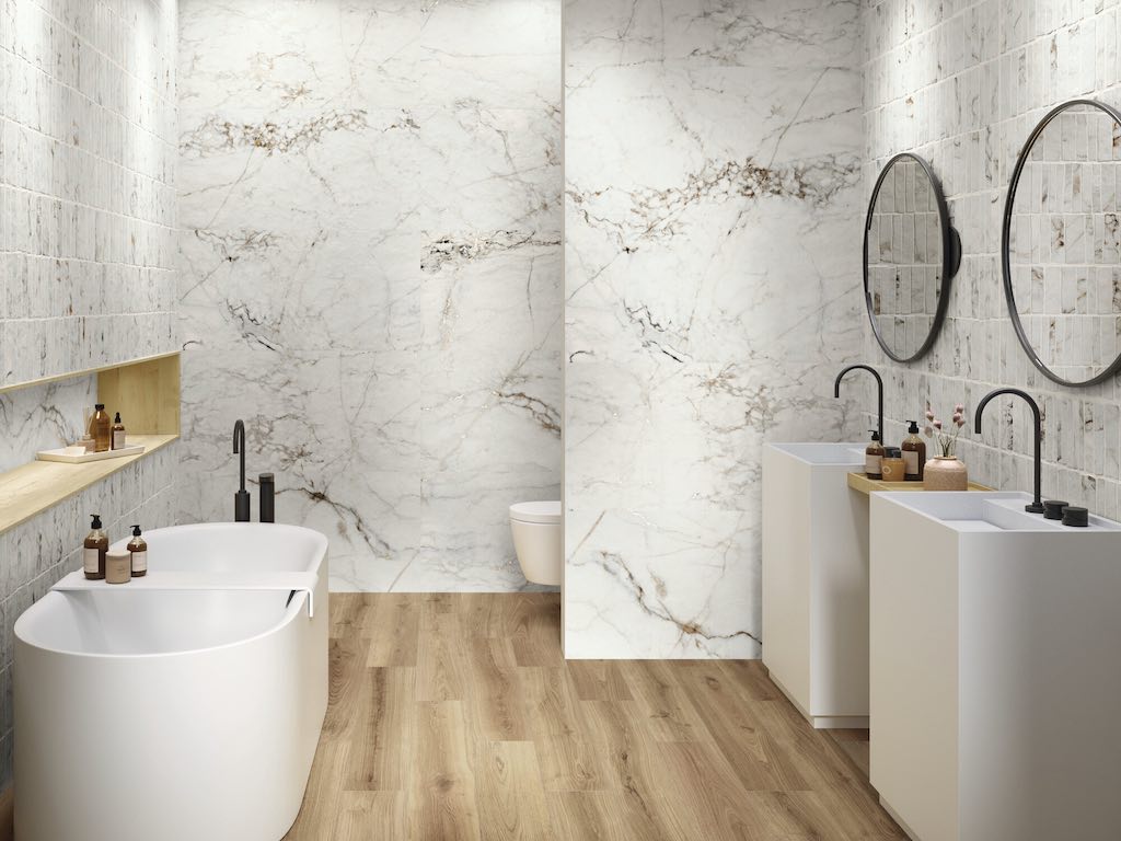 Oak Effect Tiles With White Marble