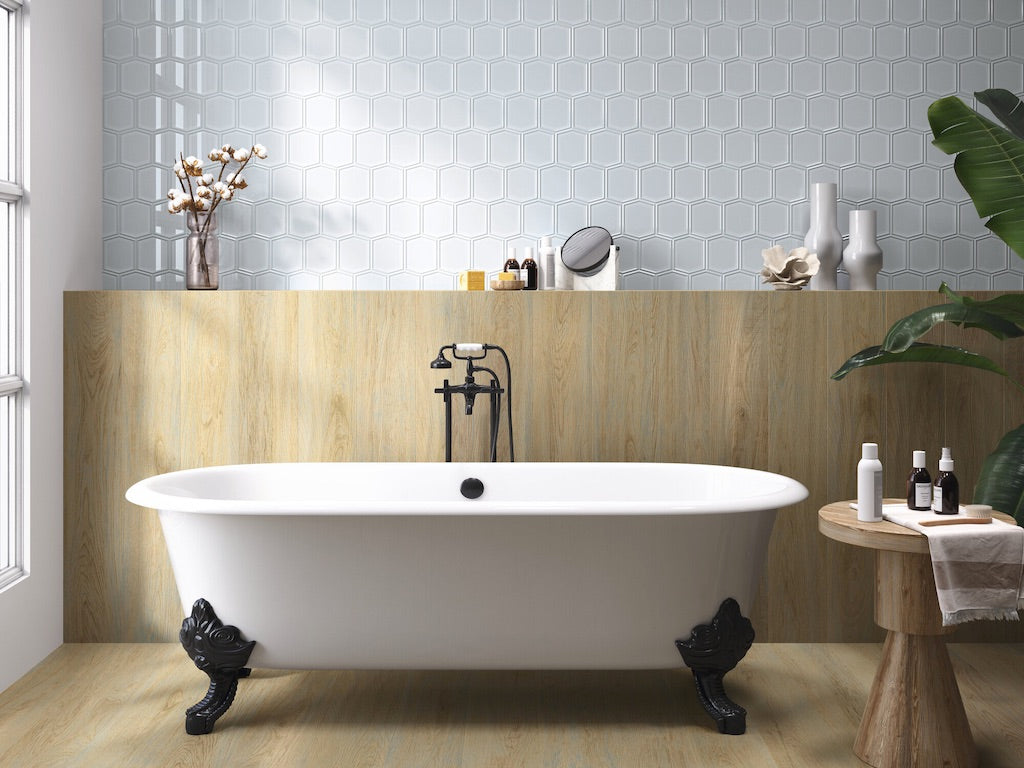 Oak tiles behind a bath