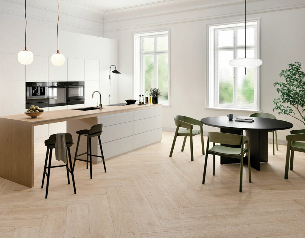 Pale Wood Effect Tiles In a Gloss White Kitchen