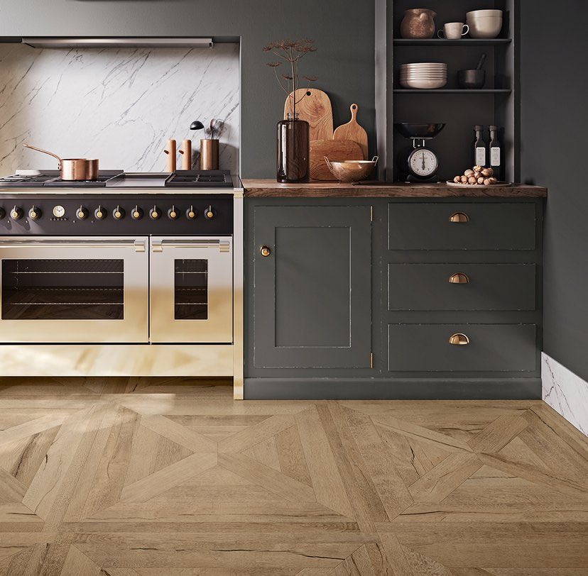 Parquet Tiles Over Country Kitchen Floor