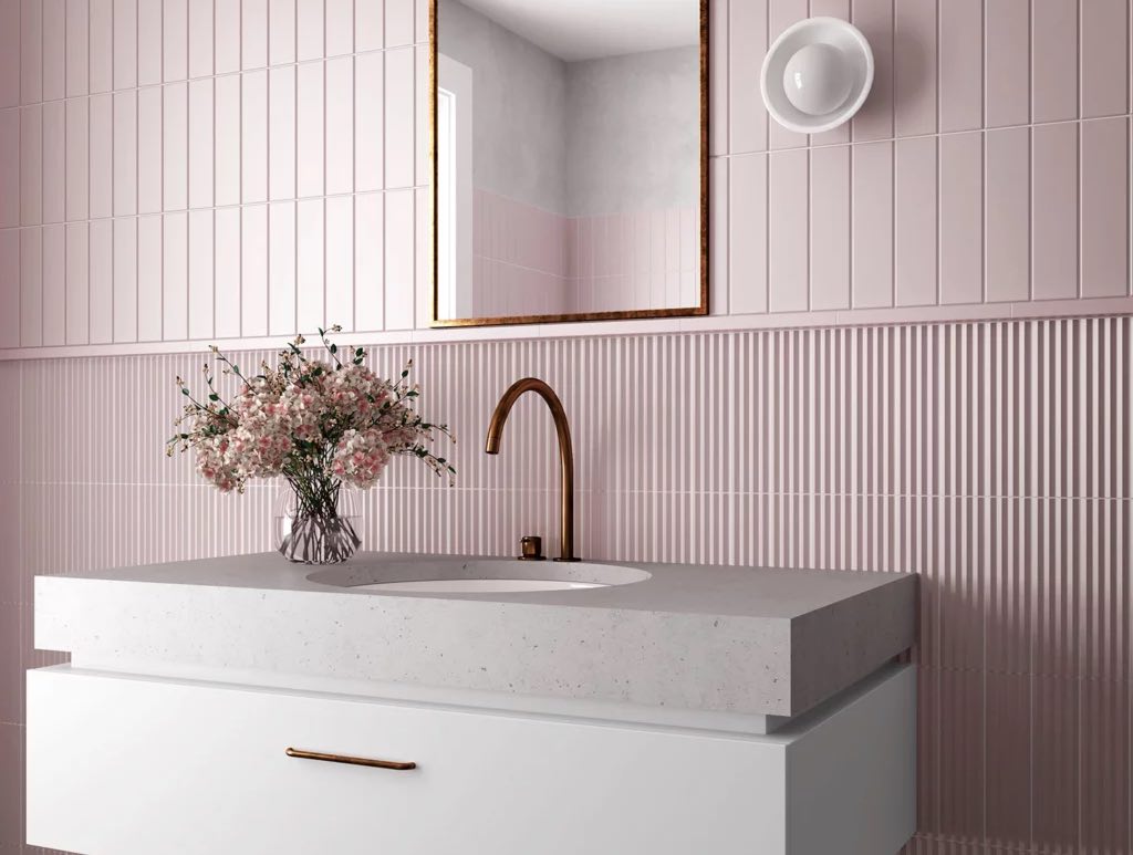 Pink Fluted Wall Tiles In Glamorous Bathroom