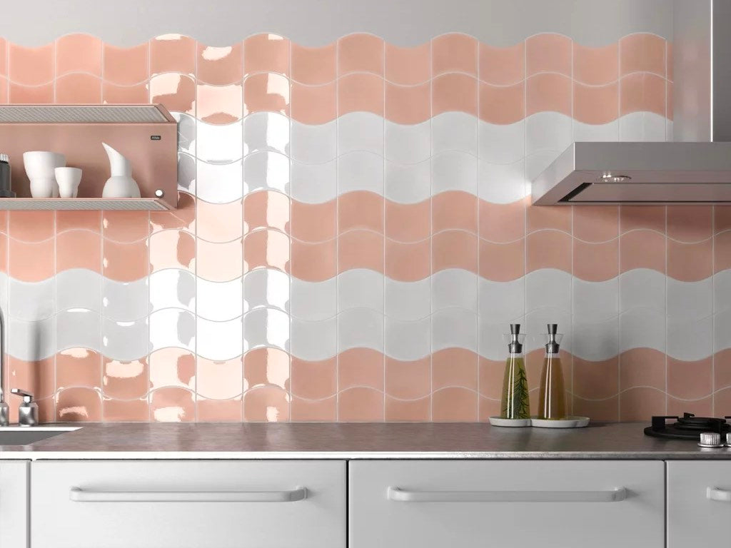 Pink And White Wall Tiles in Kitchen