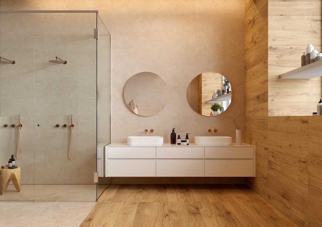 Rustic Wood Tiles In Warm Modern Bathroom