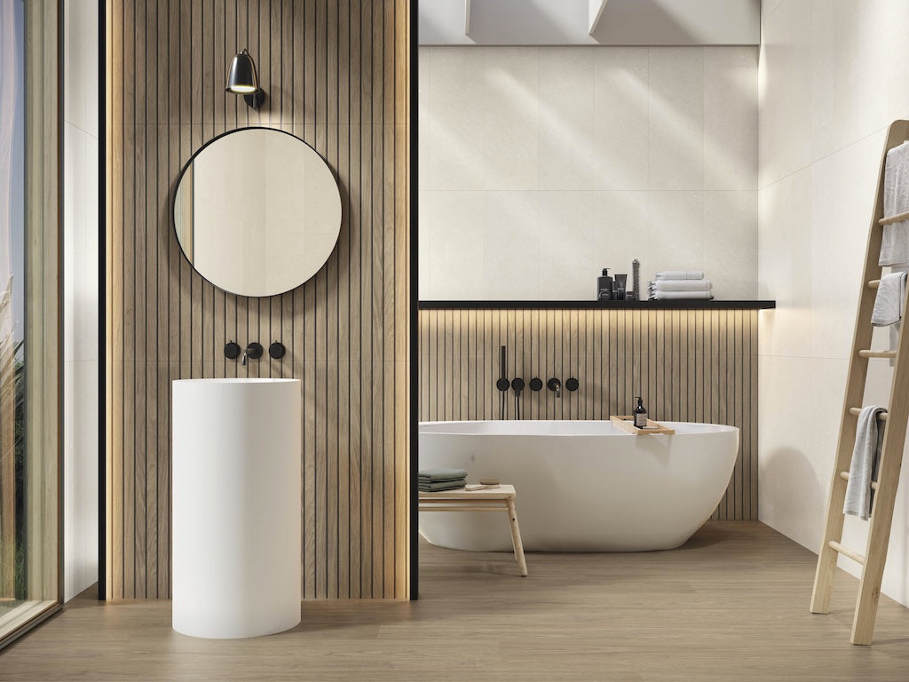 Slatted Wood Tiles Behind Freestanding Bath