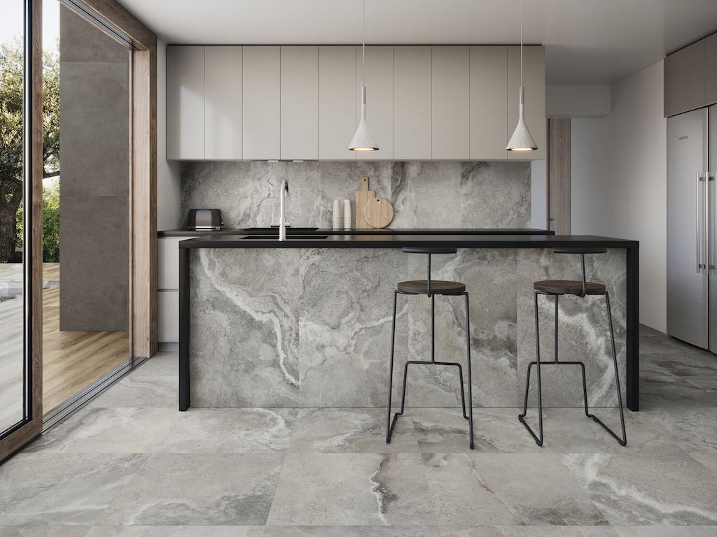 Stone Tiles Laid Over Modern Kitchen Island