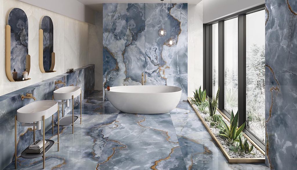 Stunning Onyx Effect Porcelain Tiles Laid In Luxury Bathroom