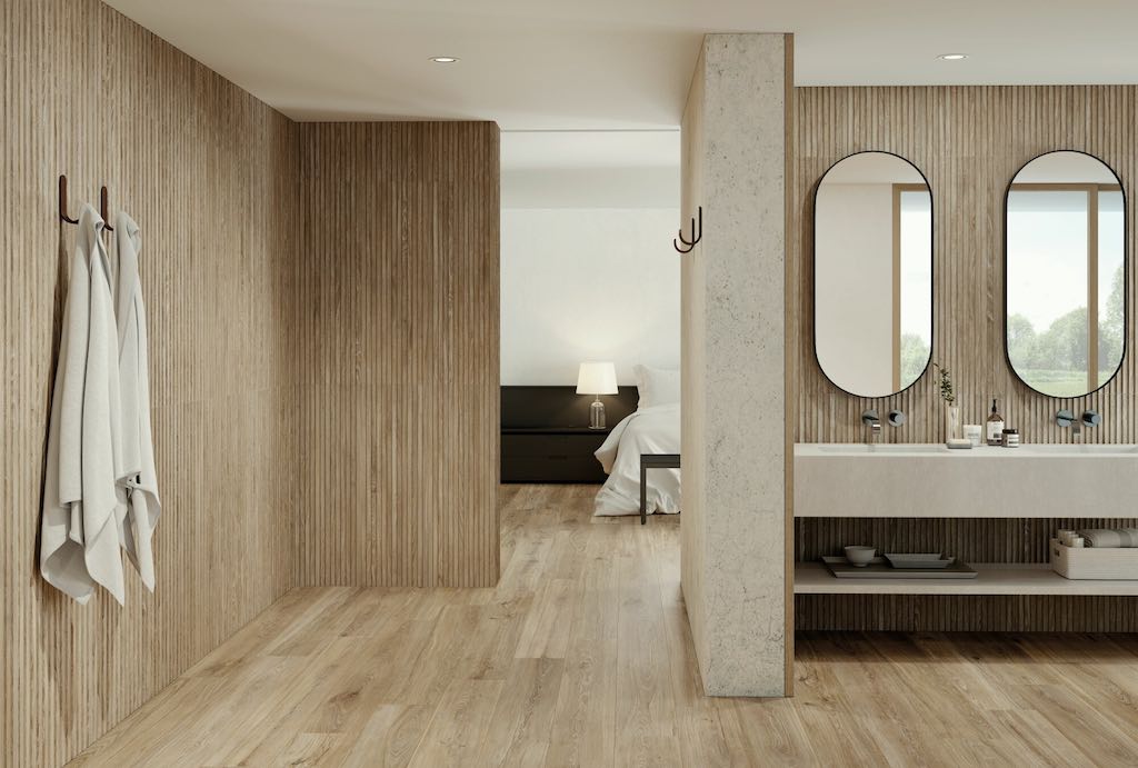 Using Slatted Wood Tiles On A Bathroom Wall