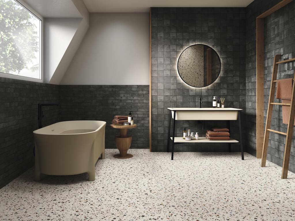 Terrazzo tiles in a monochrome bathroom