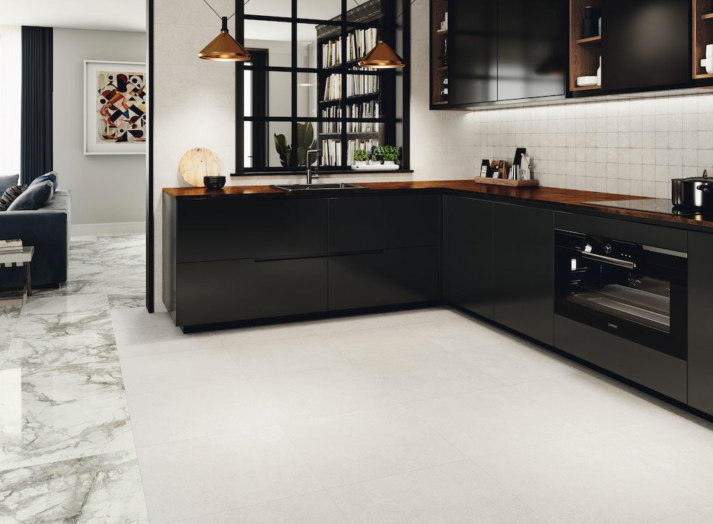 White Floor Tiles In Moody Black Kitchen