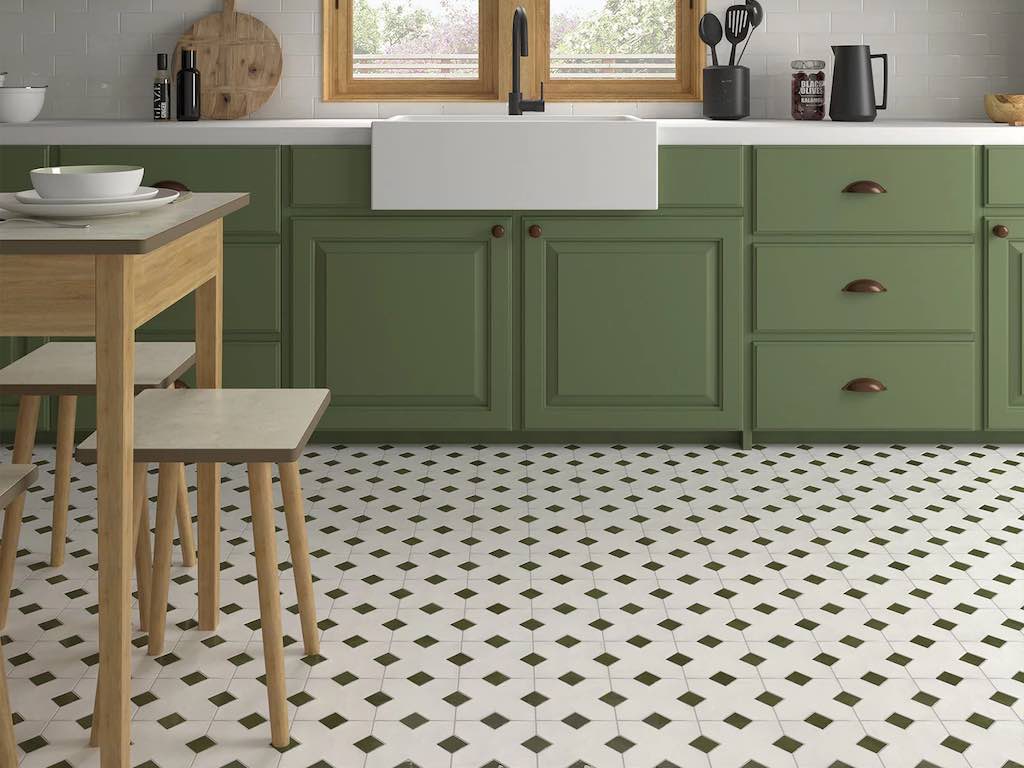 White Floor Tiles In Green Country Kitchen