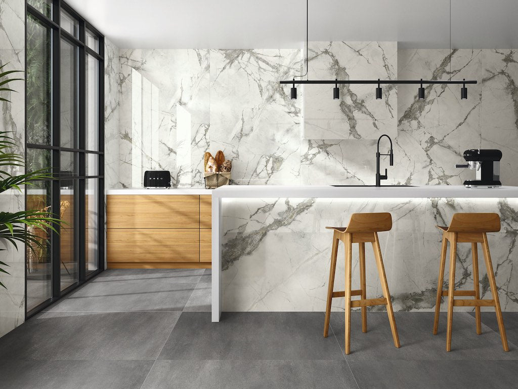 White Marble Tiles In Modern Kitchen With Grey Floor Tiles