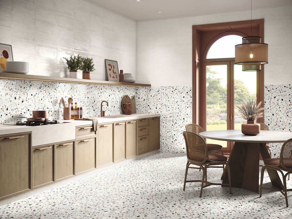 White Terrazzo Tiles in Natural Kitchen