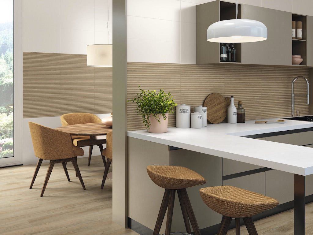 Wood effect tiles over kitchen splashback