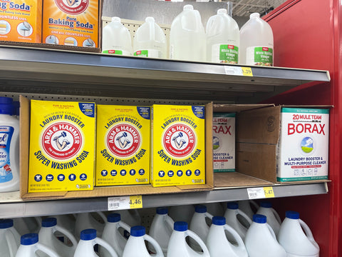 borax and washing soda on the shelf at Winco 