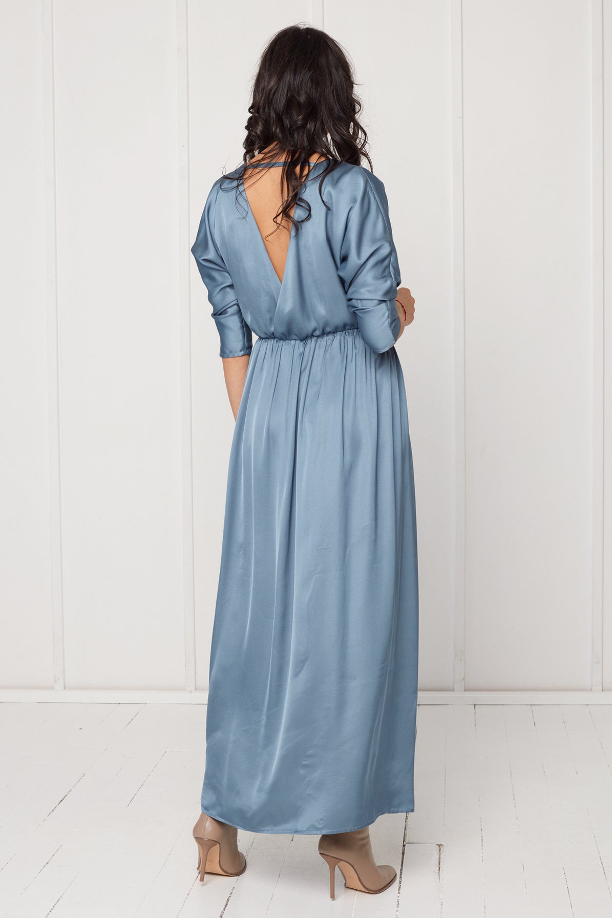 CECILIA oversized kimono sleeve maxi dress in stone blue – • unlined