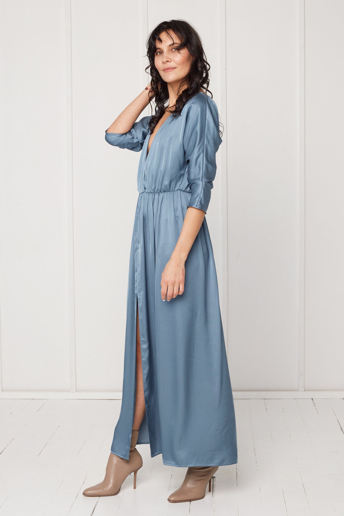 CECILIA oversized kimono sleeve maxi dress in stone blue – • unlined