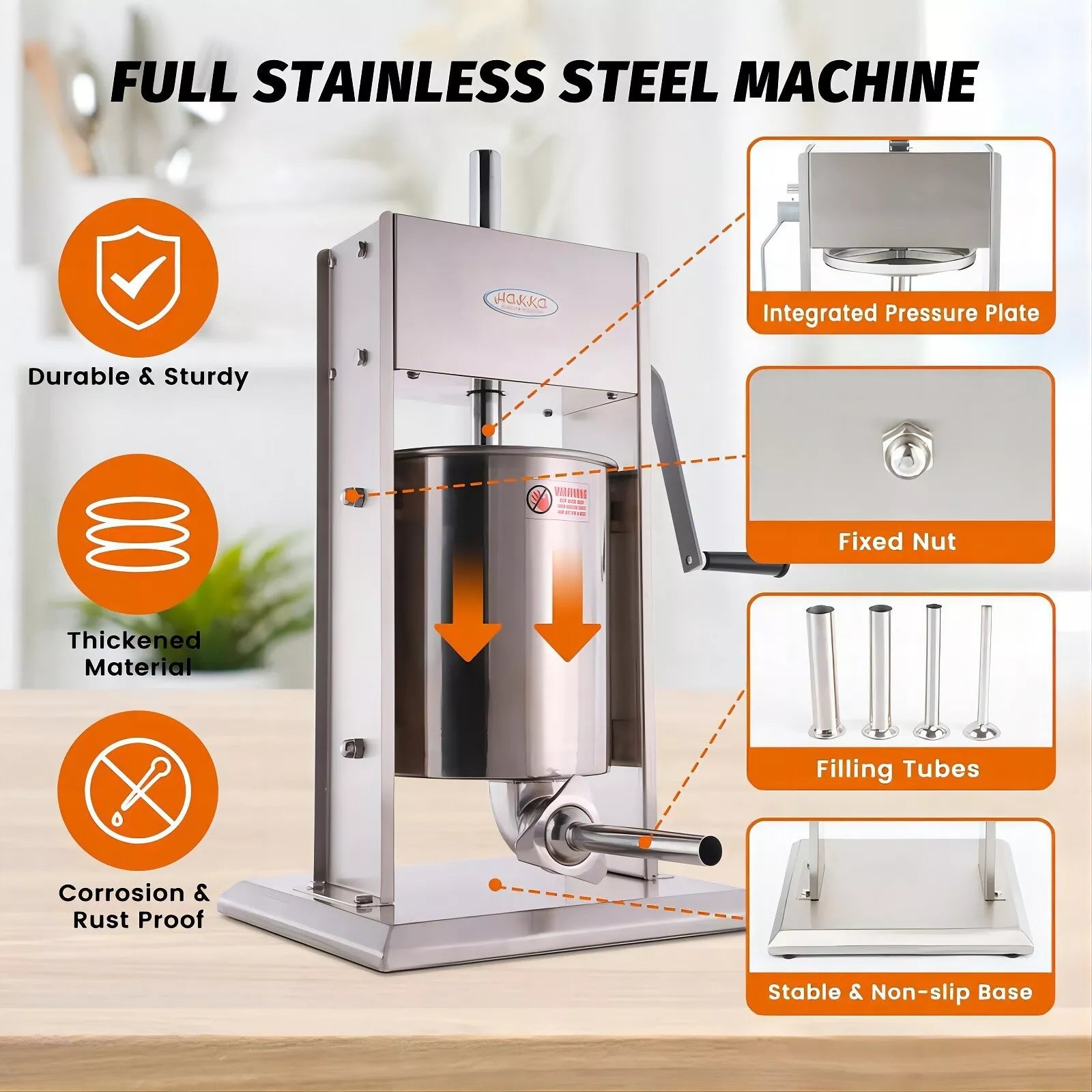 Hakka Sausage Stuffer 2 Speed Stainless Steel Vertical Sausage Maker (32Lb / 15 Liter) - Image 3