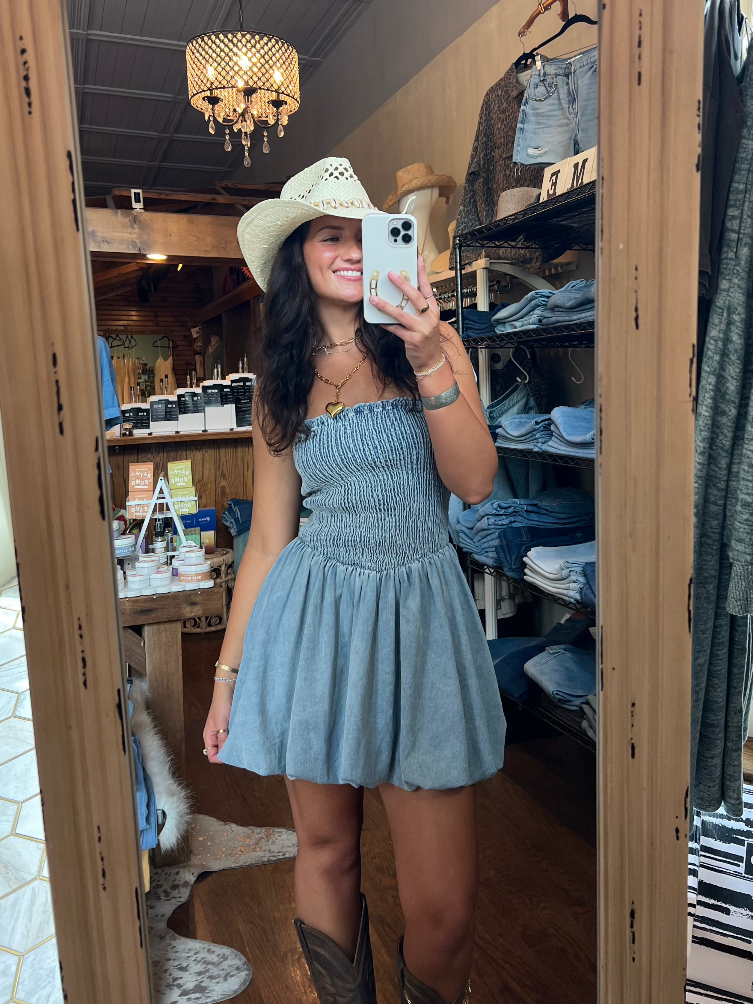 Denim Mini Dress with Smocked Bodice and Bubble Skirt Hem