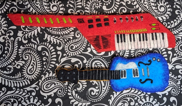 Needle felted blue guitar and red keytar