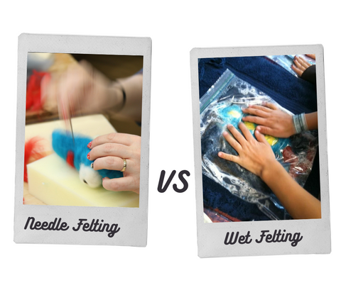 on the left an image of hads holding a felting needle poking wool title card says Needle Felting. Vs right image showing close up of hands rubbing wool in a ziplock bag. title card says wet felting