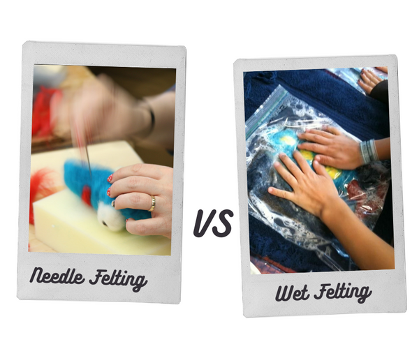 An image of hands holding a needle and Needle felting 3D vs wet felting hands rubbing wool in a ziplock bag for a 2 D project