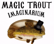 a moving gif of a felted fish mounted on a plaque flapping its fins and tail. Its wearing a top hat and above it ays Magic Trout Imaginarium in antique black capsfont.