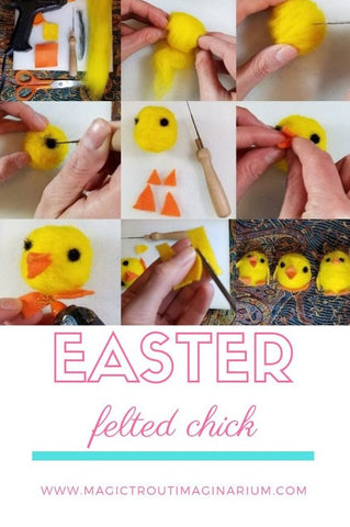 a step by step grid of image demonstrating how to felt an easter chick