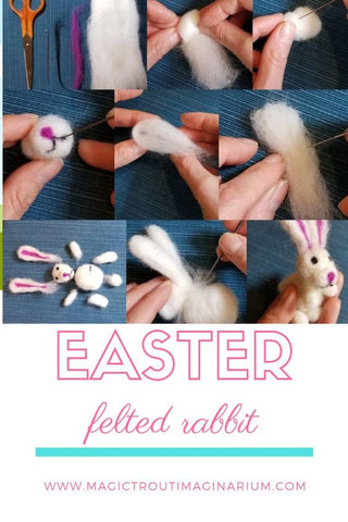 a grid of images showing show to felt an easter bunny step by step