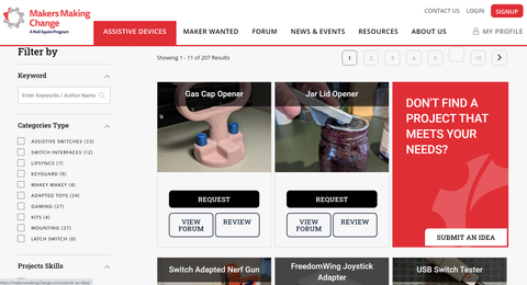 Screenshot of the makers making change website. A large red section on the right reads Dont Find a Project That Meets Your Needs? Button says Submit an Idea