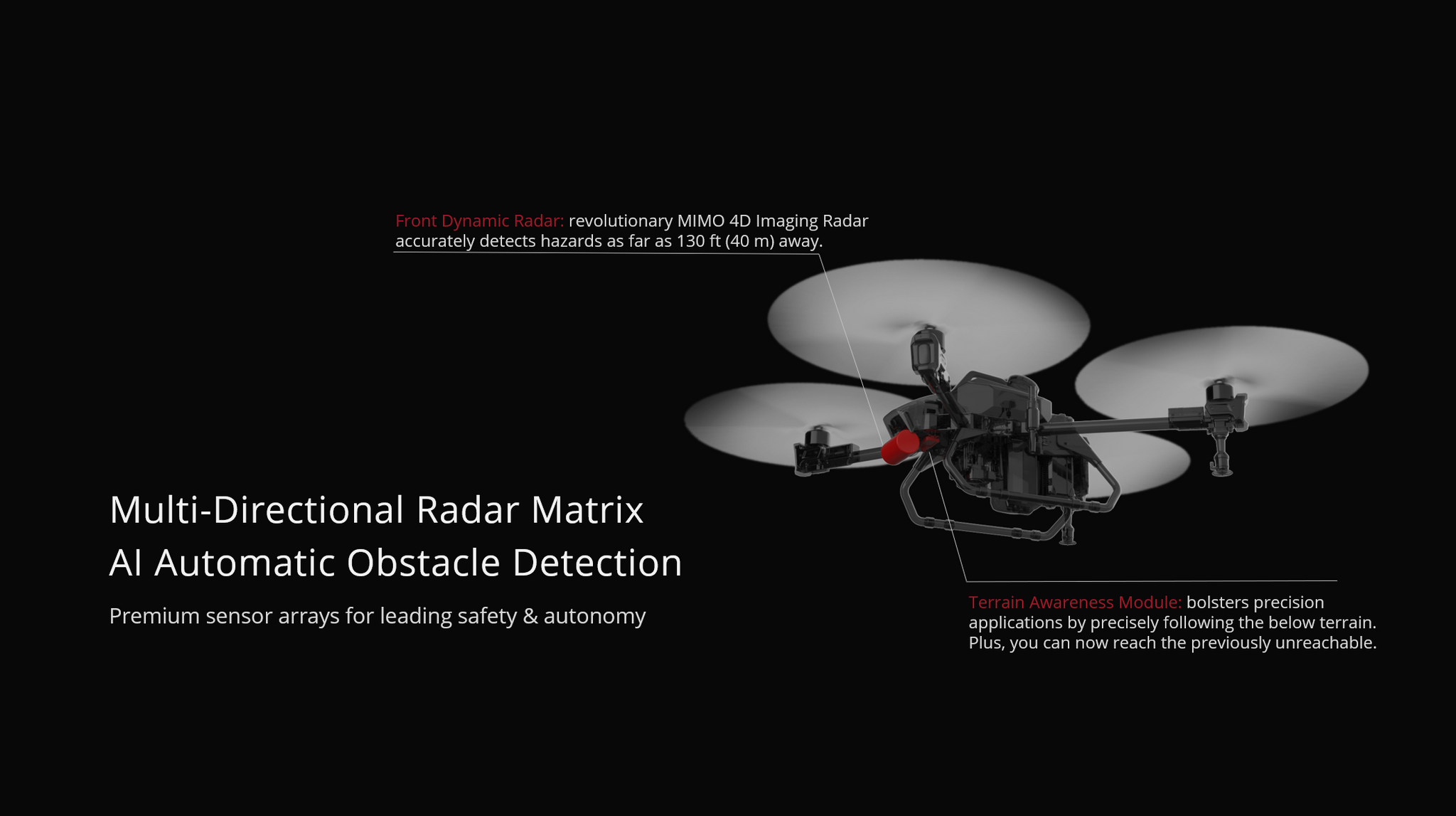 XAG P40 20L Agriculture Drone, MIMO 4D Imaging Radar accurately detects hazards as far as 130 ft (