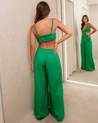 macacão verde pantalona