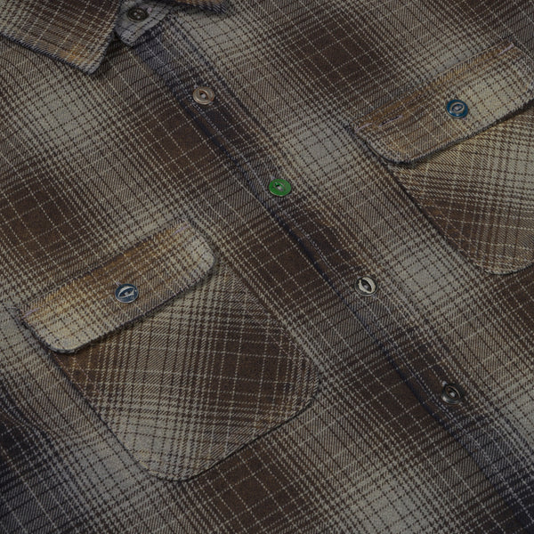 Fabric and hardware detail on baynham flannel shirt