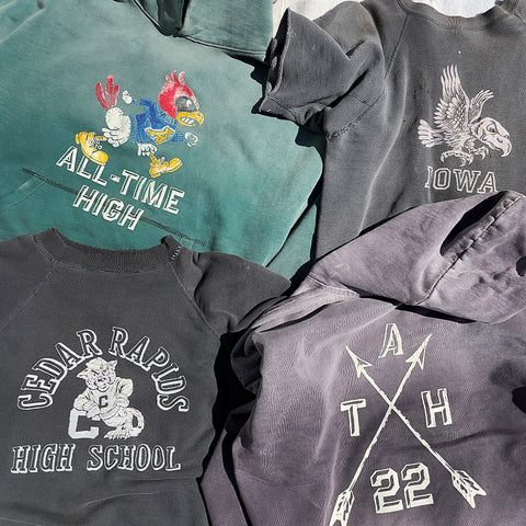 Flock print ATH french terry hoodies versus vintage flocked collegiate sweatshirts from Iowa State University and Cedar Rapids High School