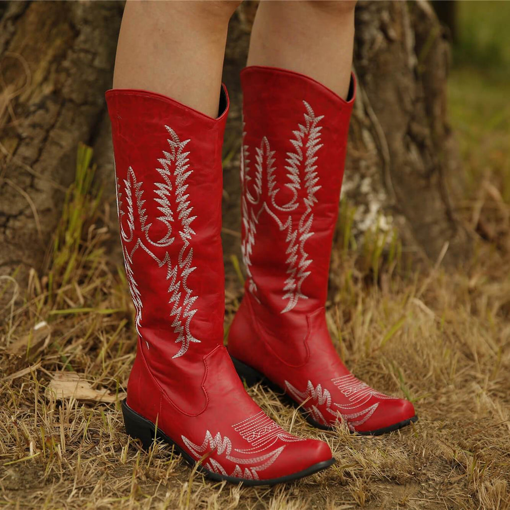 Women's Embroidered Western Cowboy Boots Thick Bottom Pointed Toe Retro  Equestrian Boots Ladies Fashion Overshoes Large Size,Red-40