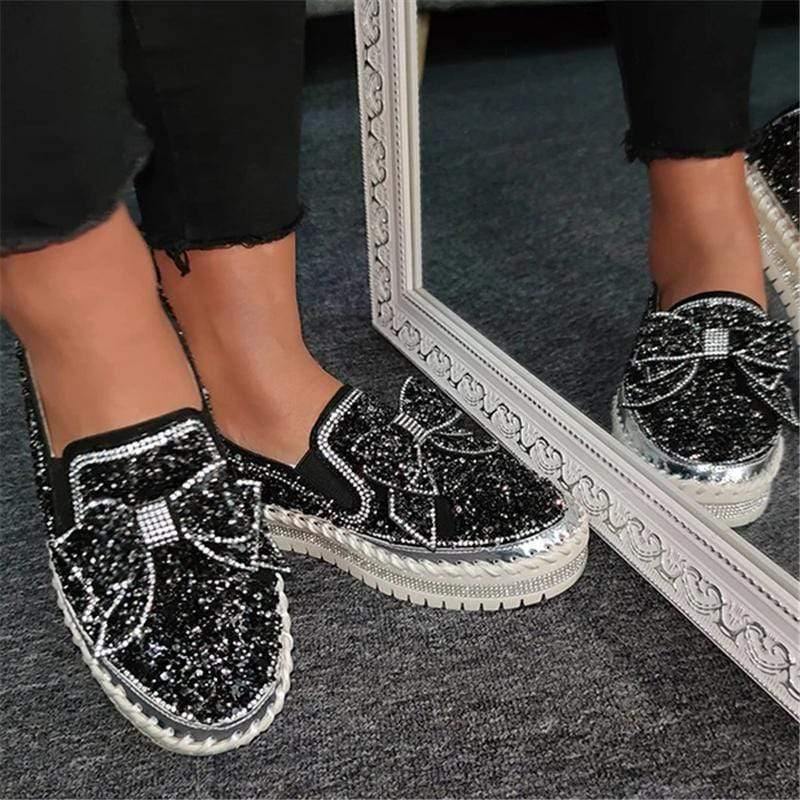 Women Slip-On Loafers Thick-Sole Shining Rhinestone Platform Shoes wit ...