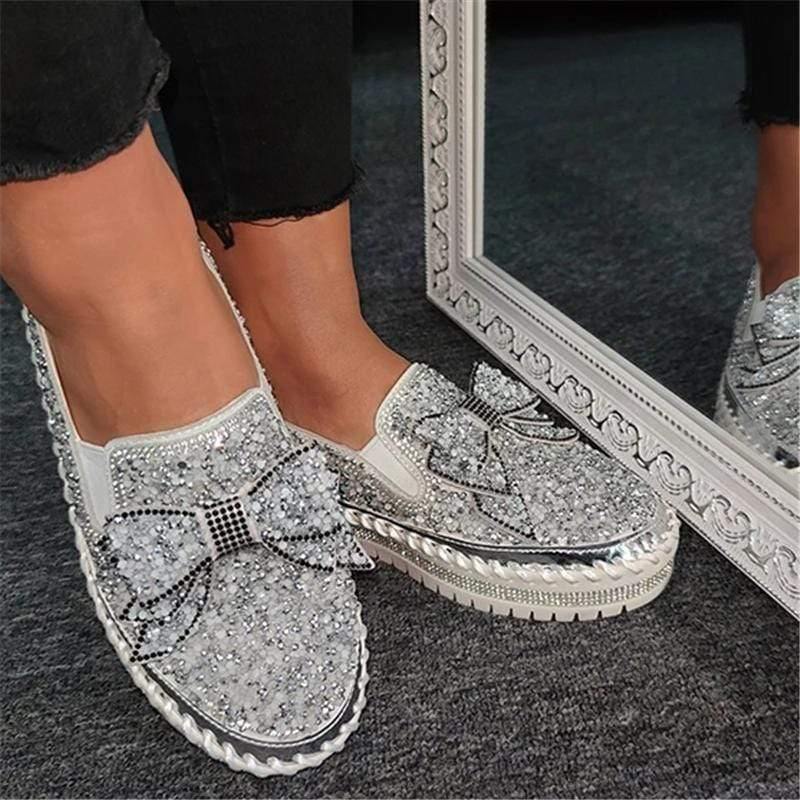 Women Slip-On Loafers Thick-Sole Shining Rhinestone Platform Shoes wit ...