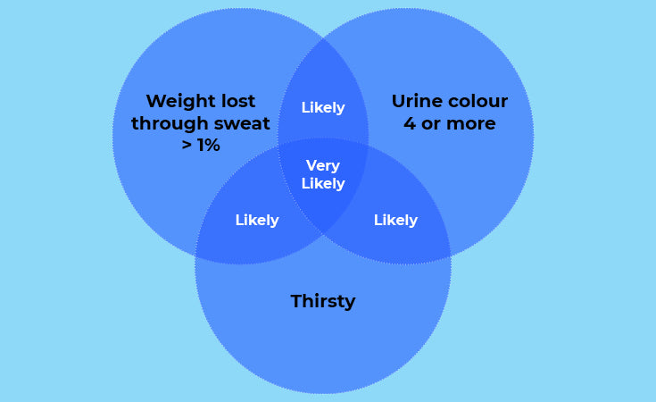 Post workout likelihood of dehrydation is very likely if weight lost through sweat is more than 1%, urine colour 4 or more, and thirsty