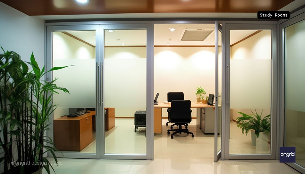 e door is a single-panel door with a frosted glass insert. The door is painted white, which matches the walls and furniture in the study room.