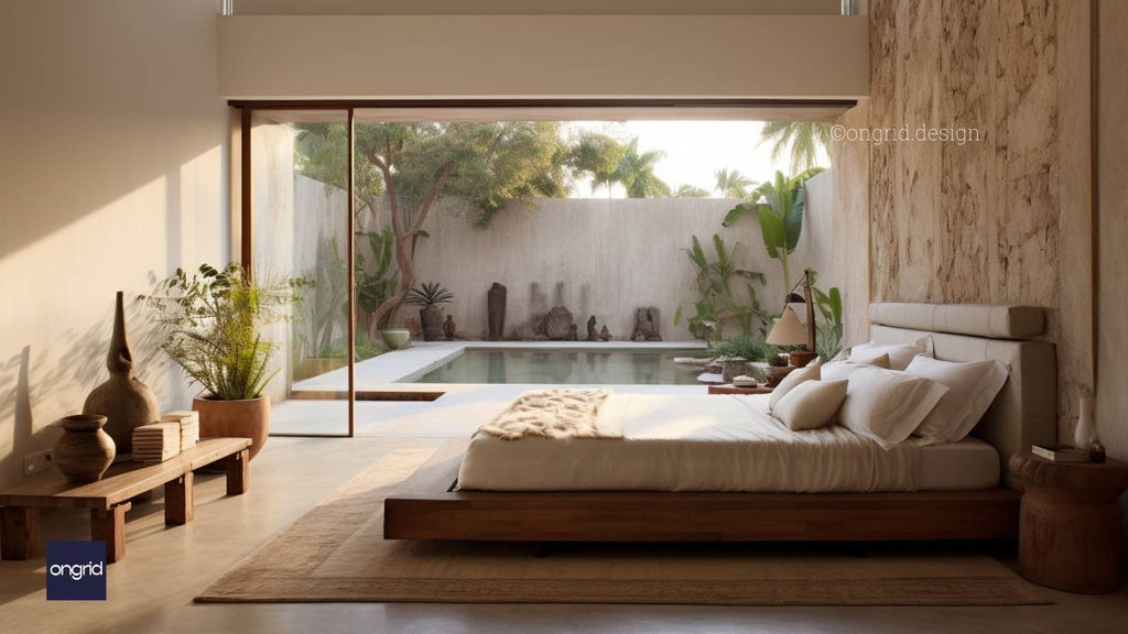 a bedroom with a pool in the background